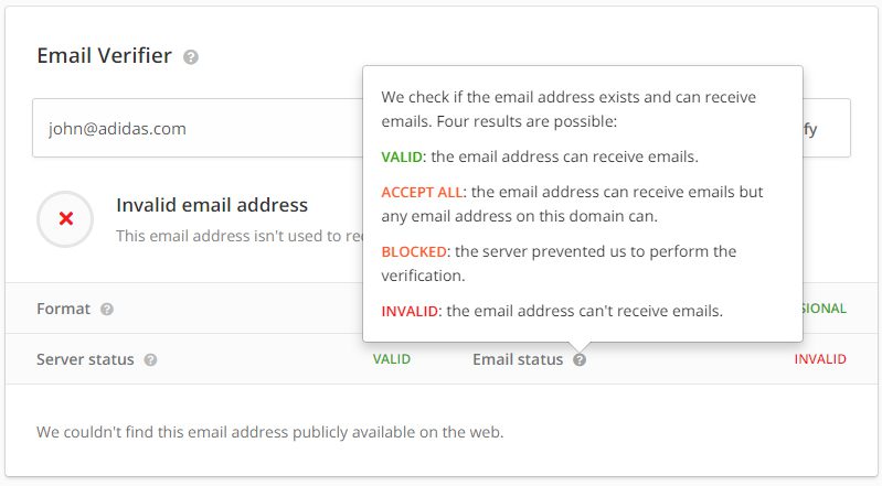 Hunter email verification showing invalid email