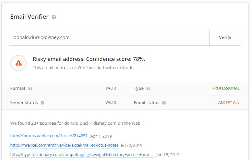 Hunter verifier showing risky email addresses 