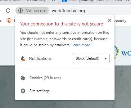 not-secure message from the "worldfoodaid.org" website